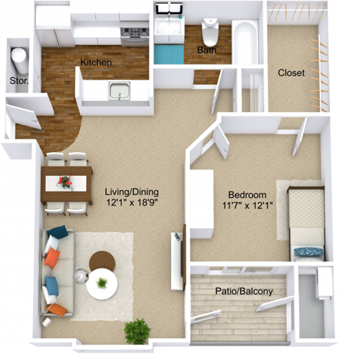 Floor plan for 1 bed, 1 bath, 756 sqft